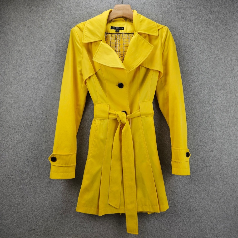VIA SPIGA | Yellow Hooded Trench Coat Belted Pleated Rain Jacket Womens Size M
